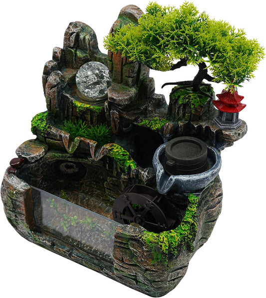 Indoor Zen Rockery Fountain with Birds & Fisherman Sculpture – Feng Shui Waterfall Desktop Decor for Office/Home | Soothing Water Sound & Energy-Efficient Pump (Wigwam with Atomizer)