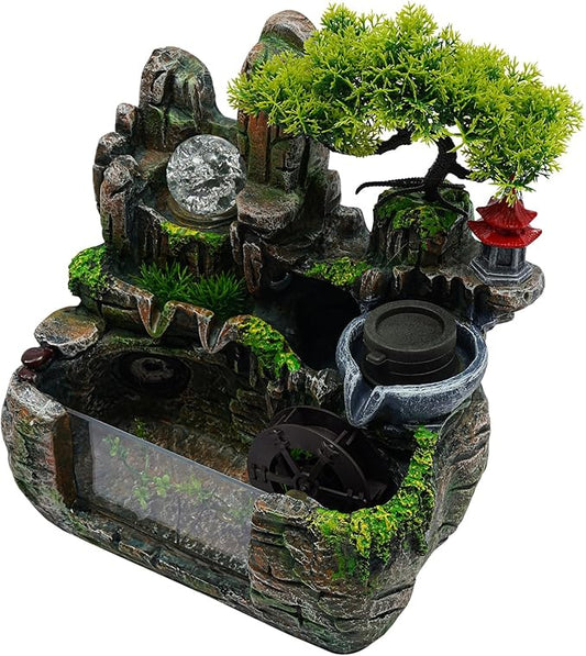 Indoor Zen Rockery Fountain with Birds & Fisherman Sculpture – Feng Shui Waterfall Desktop Decor for Office/Home | Soothing Water Sound & Energy-Efficient Pump (Wigwam with Atomizer) - Bloomnest