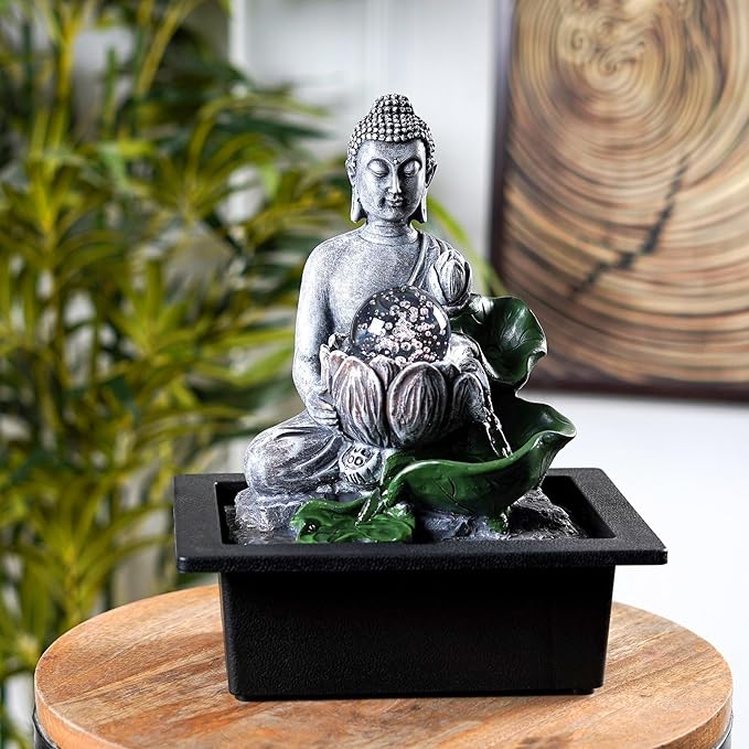 Buddha’S Lotus Tabletop Indoor Fountain for Home Decor Spiritual Decor for Home Office & Meditation Spaces (Height: 28 Cm) Black with Free Type-A Adapter - Bloomnest