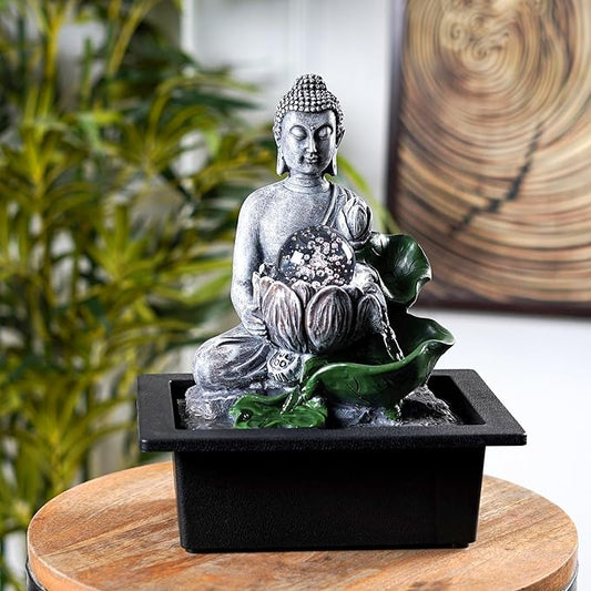 Buddha’S Lotus Tabletop Indoor Fountain for Home Decor Spiritual Decor for Home Office & Meditation Spaces (Height: 28 Cm) Black with Free Type-A Adapter - Bloomnest