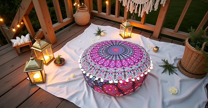 INDIAN CRAFT CASTLE ICC Mandala Barmeri Large Floor Pillow Cover Cushion Meditation Seating Ottoman Throw Cover Hippie Decorative Zipped Bohemian Pouf Ottoman Cases Pink Peacock 16" Round - Bloomnest