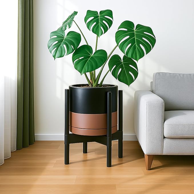 D'vine Dev Ceramic Planter with Ebony Stand - 12 Inch Modern Round Flower Pot with Wood Planter Holder, Black/Speckled Tan, 55-B-H-7 - Bloomnest