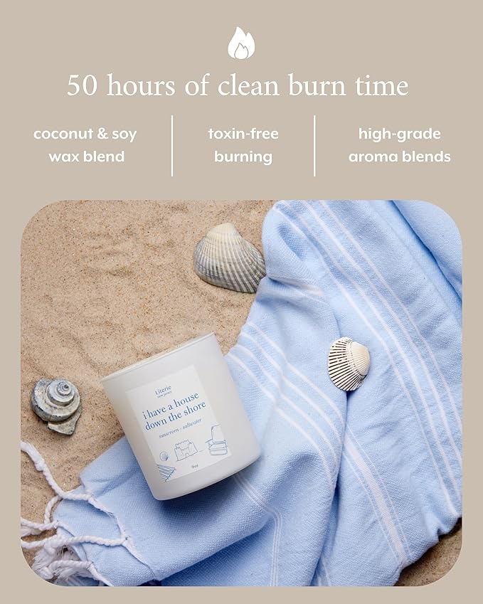 Literie NJ Inspired Scented Candle: I Have a House Down The Shore - Sunscreen & Saltwater Scented, 9oz, 50 Hour Burn, Vegan Soy & Coconut Blend Candle for Home Decor, Gift for Women & Men - Bloomnest