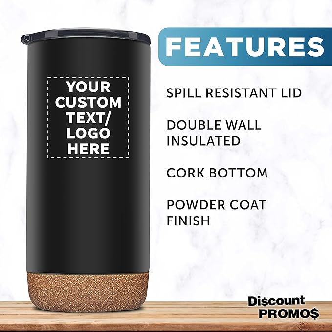 DISCOUNT PROMOS Custom Tumblers Cork Bottom 16 oz Set of 10/50/100 Personalized Bulk Pack Double Wall Insulated Matte Finish Iced Coffee Soda - Black - Bloomnest