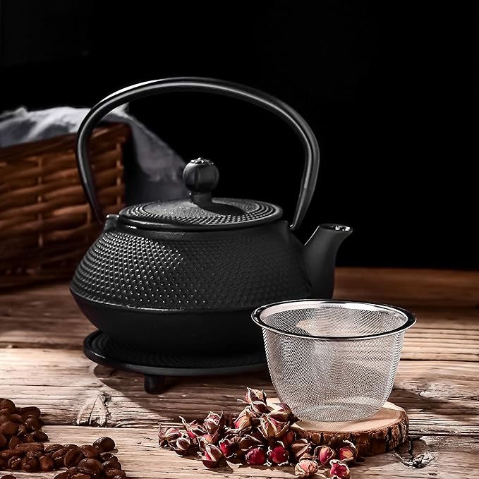 Velaze Cast Iron Teapot Set,Japanese Teapot Heat Preservation with Trivet,Stainless Steel Infuser and 2 Cups,Durable Cast Iron with a Fully Enameled Interior,Beautiful Hammered Design,700ML/23oz - Bloomnest