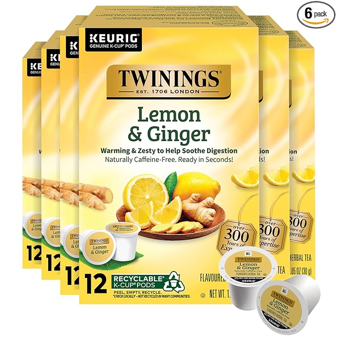 Twinings Lemon & Ginger Herbal Tea 72 K-Cup Pods for Keurig, 12 Count (Pack of 6), Tangy & Spicy, Naturally Caffeine-Free, Enjoy Hot or Iced - Bloomnest