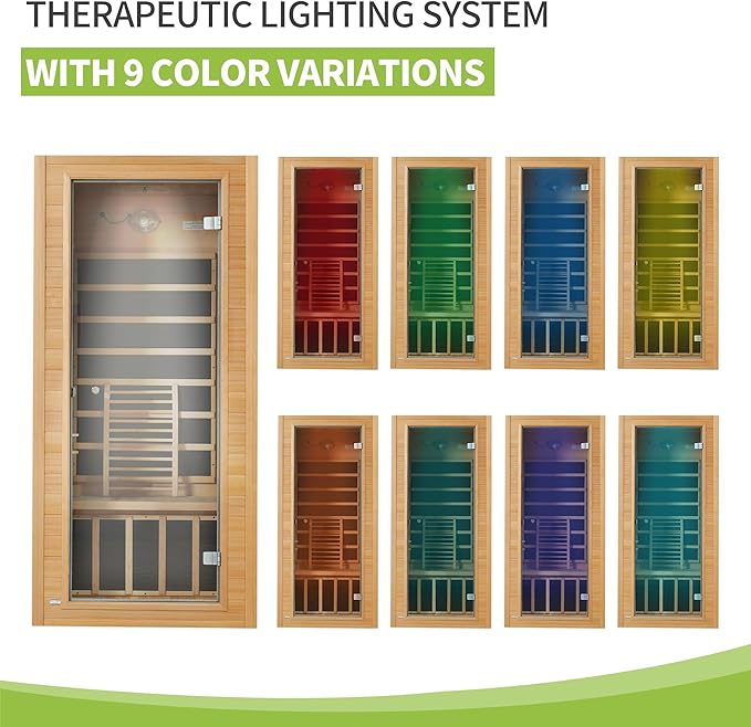 Real Relax 1 Person Infrared Sauna, Indoor Near Zero EMF Canadian Hemlock Wood Sauna with 1400W, 9 Chromo Therapy Lights, Oxygen Lonizer, Bluetooth, LCD Control Pannel for Home Spa Days RealRelax