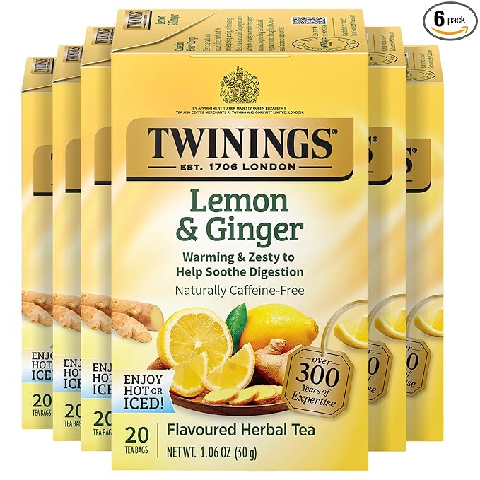 Twinings Lemon & Ginger Herbal Tea Individually Wrapped Bags, 20 Count (Pack of 6), Tangy Lemon, Spicy Ginger, Naturally Caffeine-Free, Enjoy Hot or Iced, 120 Teabags - Bloomnest
