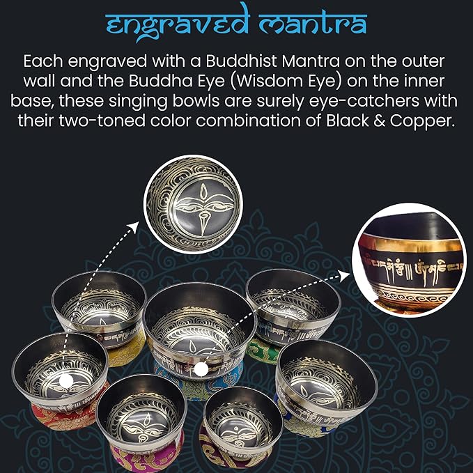 KHUSI Tibetan Singing Bowl Set of 7, Thadobati, Handcrafted, Mantra Engraved Singing Bowl for Yoga, Chakra healing, Relaxation, Stress Relief, Comes w/silk cushions, 7 sticks, Brocade Box - Bloomnest