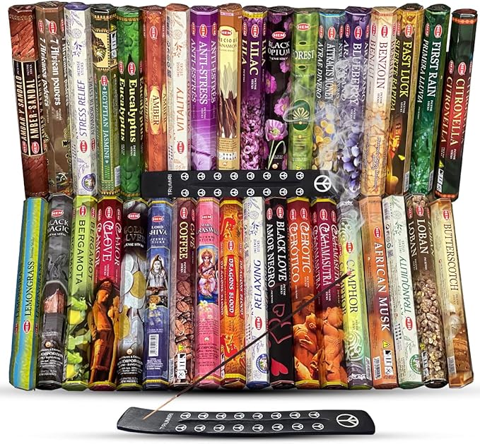 Hem Incense Sticks Variety Pack of 12 Randomly Selected Hexa Fragrances and Incense Stick Holder Bundle Total 240 Sticks - Bloomnest