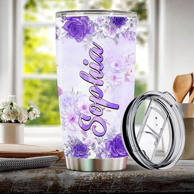 Personalized Octopus Tumbler Customized Name Water Bottle Mugs Gift For Women Fan Custom Purple Octopuses Birthday Christmas Valentine Day Insulated Stainless Steel Coffee Cup with Lid - Bloomnest