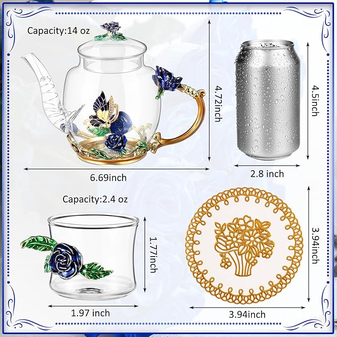 7 Pcs Floral Glass Tea Set Women Christmas Teapot Set for Adults Glass Tea Gift for Mom Party Mother's Day Birthday, Fancy Pot Cups with Gift Box(Blue) - Bloomnest
