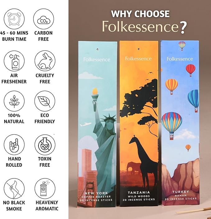 Folkulture Incense Sticks (240 Sticks) | Set of 12 Premium Incense Sticks Variety Pack Aromatherapy Gifts | No Charcoal, Organic, Non Toxic, 45 Mins, Long Burning Vanilla, Caramel, Rose Insence-Sticks FOLKULTURE