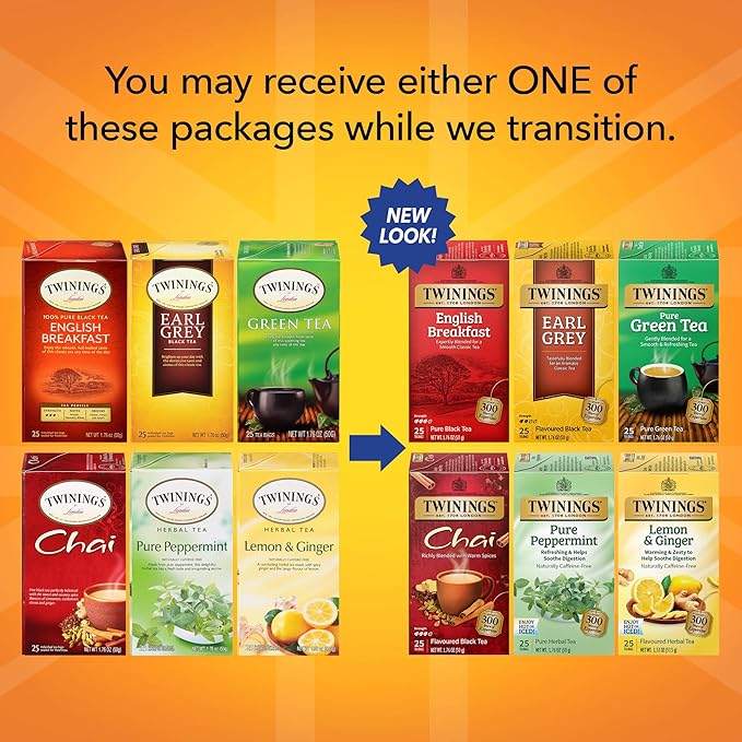 Twinings Variety Pack Tea Bags, 25 Count (Pack of 6) Includes English Breakfast, Earl Grey, Lemon Ginger, Peppermint, Green, and Chai, Enjoy Hot or Iced, 150 Teabags - Bloomnest