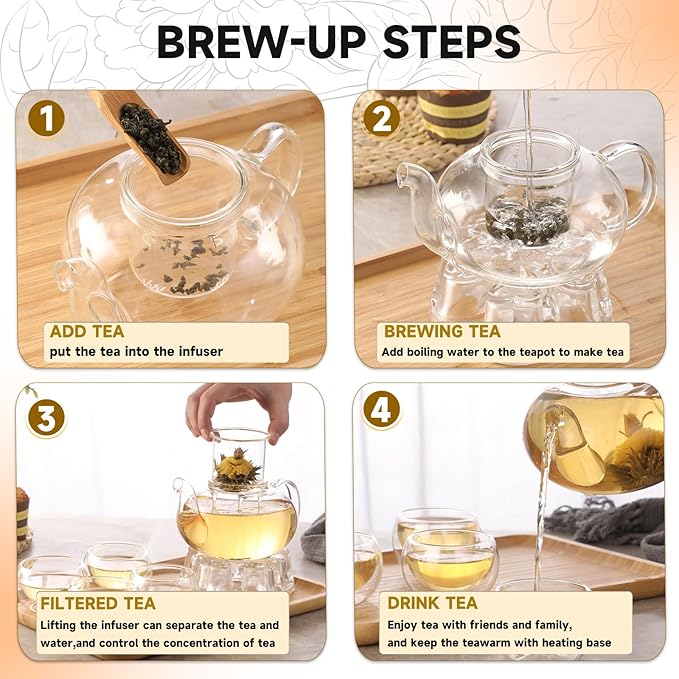 Glass Teapot Set, 34OZ/1000ML Glass Tea Kettle with Loose Tea Infuser & Warmer, 5OZ/150ML Double-Wall Tea Cup Set of 4, Stovetop & Microwave Safe Tea Maker, Blooming Tea Gift Set For Women - Bloomnest