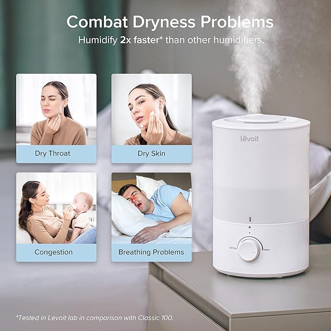LEVOIT - Humidifiers for Bedroom - Quiet (3L Water Tank) - Cool Mist/Top Fill/Essential Oil Diffuser/25Watt - Home/Large Room - 360° Nozzle - Rapid Ultrasonic Humidification for Baby Nursery/Plant - Bloomnest
