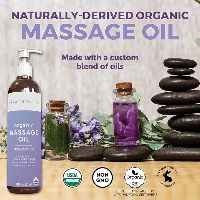 Viva Naturals Organic Massage Oil (8 fl. oz.) - Lavender Scented Non-Greasy Body Massage Oil with Mess-Free Pump, Moisturizing Massage Oils for Massage Therapy, Non-GMO and Certified Organic, 237 mL - Bloomnest