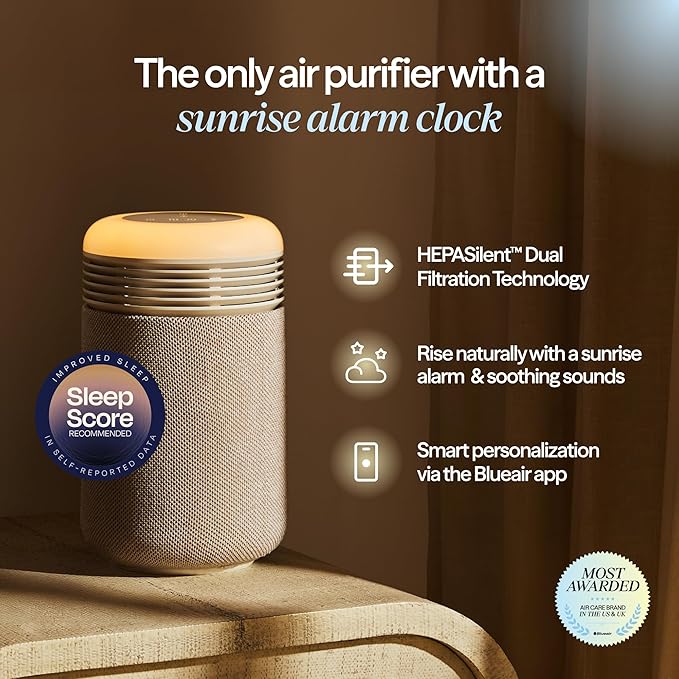 BLUEAIR Purifier for Bedroom - Mini Restful - Sunrise Clock with HEPASilent Filtration and Wake Up Light - Cleans Air and Supports Circadian Rhythm - USB-C and App Connectivity - Bloomnest