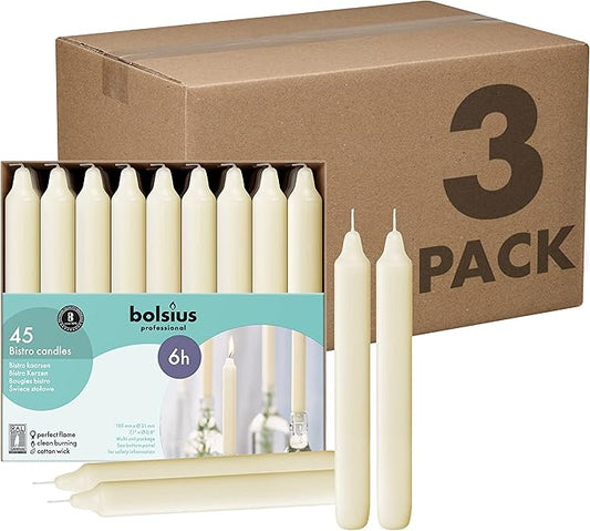 BOLSIUS Ivory Candlesticks - Bulk Case of 3 Packs = Total 135 Candles - 6+ Hours - Premium European Quality - Consistent Smokeless Flame - Unscented Dripless Dinner Candles - Bloomnest