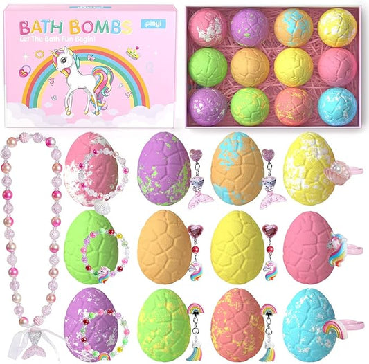 Kids Bath Bombs for Girls with Toys Inside, 12+1 Pack Unicorn Bath Bombs with Surprise Jewelry for Kids, Princess Girls BathBombs with Mermaid Necklace 3 4 Year Old Girl Birthday Easter Gifts - Bloomnest