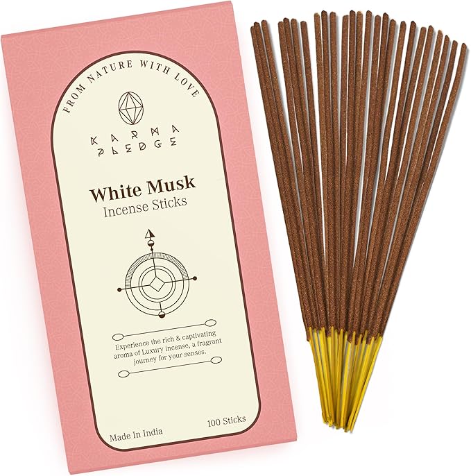 White Musk Incense Sticks, Organic Hand Dipped 100 Sticks with Natural Herbs & Aromatic Ingredients, Burn Time 45 to 60 Minutes, Incense for Positivity, Yoga, Meditation, Relaxation, Spiritual Gift KARMAPLEDGE