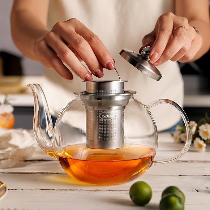 CNGLASS 40oz Glass Teapot with Removable Infuser,Clear Tea Kettle Stovetop Safe,Blooming and Loose Leaf Tea Maker Set - Bloomnest