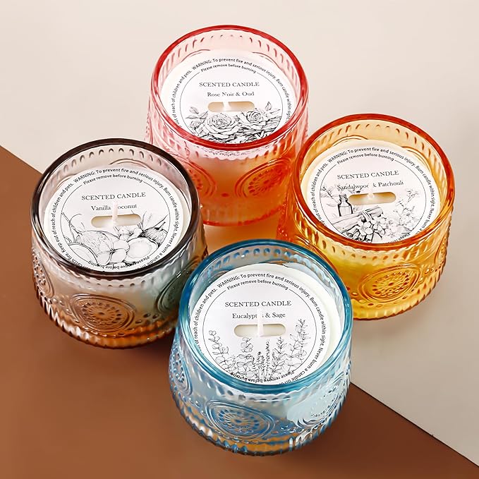 4 Pack Luxury Scented Candles Gift Set - 7oz Soy Wax Candles in Glass Jars, Gifts for Women - Vanilla Coconut, Eucalyptus Sage, Rose Oud, Sandalwood Patchouli - Bloomnest