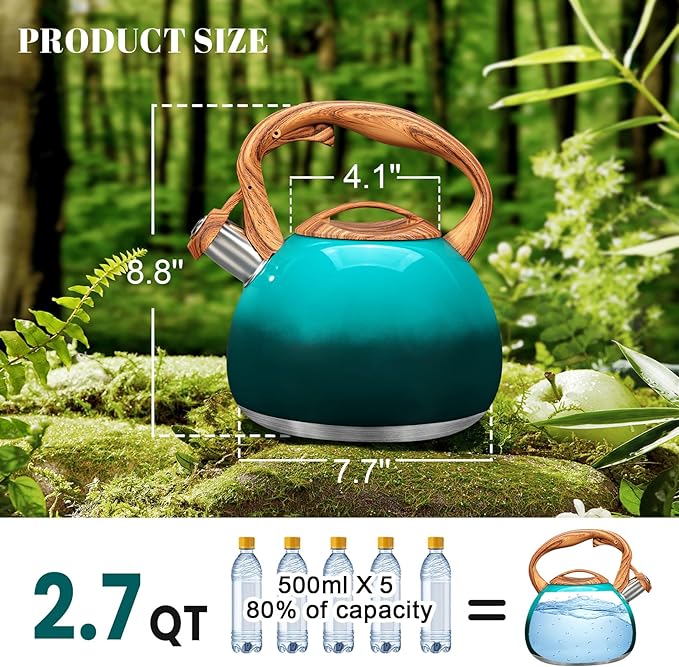 GGC Tea Kettle for Stove Top, 3.1QT/3L Whistling Tea Kettles for Boiling Water Coffee or Milk, Gradient Green Tea Pot with Wood Parttern Handle, Stainless Steel Tea Pot for Home and Kitchen - Bloomnest