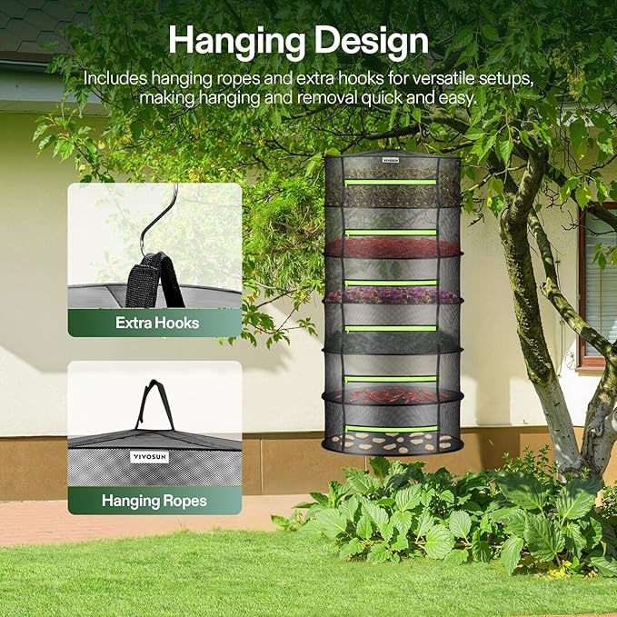 VIVOSUN 6-Layer Mesh Drying Rack Hanging Design with Green Zippers for Dehydrating, Indoor and Outdoor Pruning Shears Included - Bloomnest