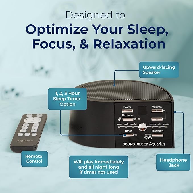 Adaptive Sound Technologies Sound + Sleep Aquarius Aquatic Noise Machine - White Noise Machine - Non-Looping Water Sounds for Sleep & Relaxation - with Timer & Headphone Jack - Black - Bloomnest