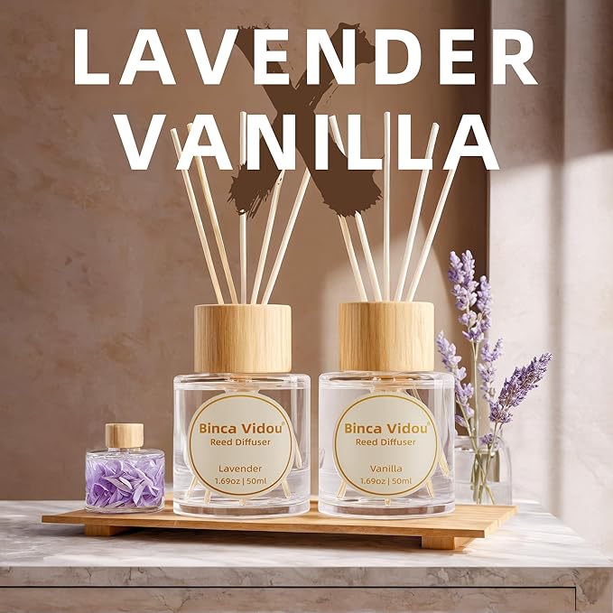 Reed Diffuser Set, Binca Vidou Lavender & Vanilla Natural Scent Oil Diffusers with Sticks for Home Office Bathroom Aromatherapy Decor 1.69oz x 2 - Bloomnest