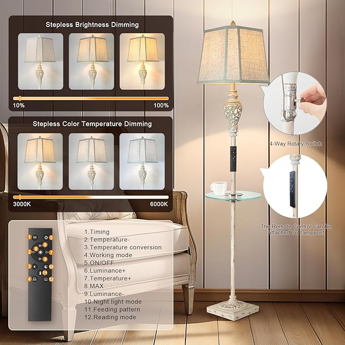 Rustic Floor Lamp, Living Room Lamps with Glass Tray, stepless diming Floor Lamp with Remote Control and USB A&C Charging Ports for Living Room Bedroom Office Smart Bulbs Included - Bloomnest