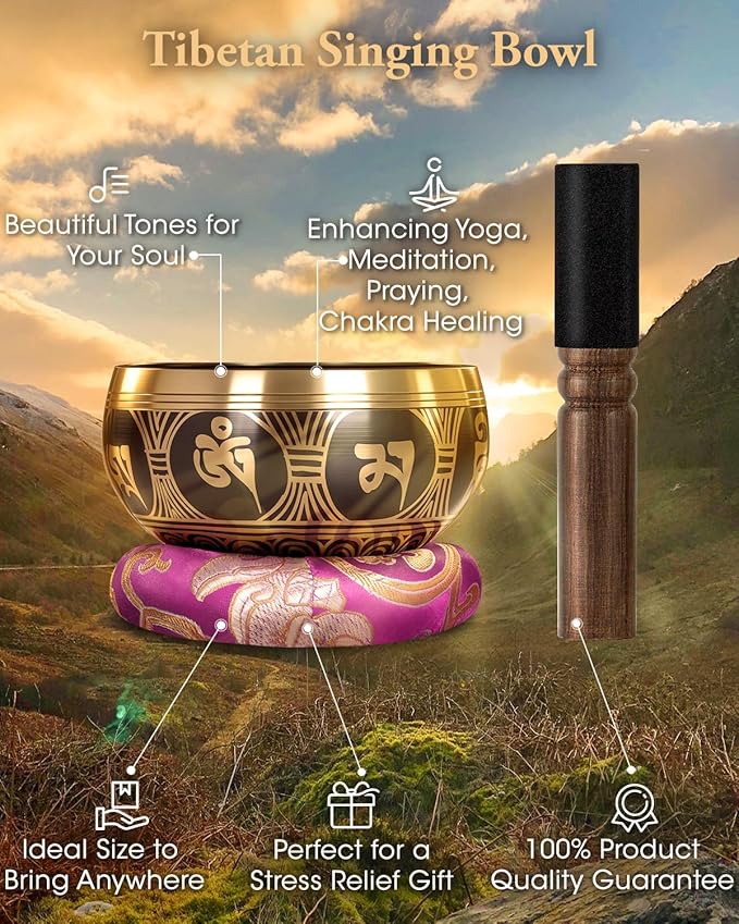 Tibetan Singing Bowls Set Authentic - Handmade in Nepal Sound Bowl for Yoga, Chakra, Meditation, Stress Relief Tool, Meditation Accessories and Unique Gifts for Women, Men RelaehihforEveryone