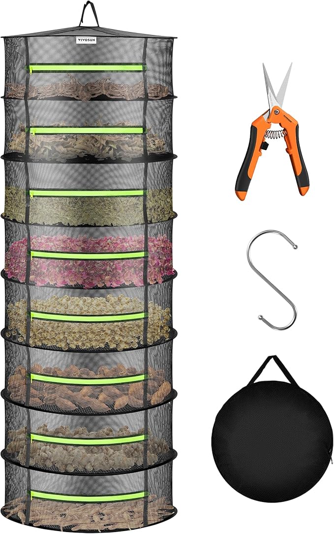 VIVOSUN 8-Layer Mesh Drying Rack Hanging Design with Green Zippers for Dehydrating, Indoor and Outdoor Pruning Shears Included - Bloomnest