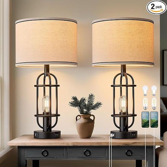 Black Table Lamps for Living Room Set of 2, 22.3" Farmhouse Lamps for Nightstand, Industrial Table Lamps for Bedroom with USB Ports, Bulbs Included - Bloomnest