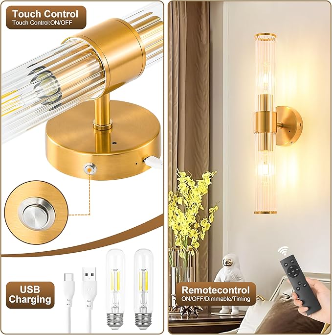 Gold Battery Operated Wall Sconces Set of Two, Rechargeable Wall Sconce with Dimmable Remote Control, 20 Inch Wireless Sconce Wall Light for Bedroom, Living Room (Bulbs Included) - Bloomnest