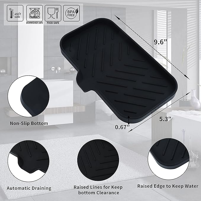 Silicone Bathroom Soap Dishes with Drain Spout-Bathroom and Kitchen Sink Organizer,Sponge Holder,Dish Soap Tray,Perfect for Dispenser,Scrubber,Bottle,Cup on Sink or Counter-Black 9.6"×5.3" - Bloomnest