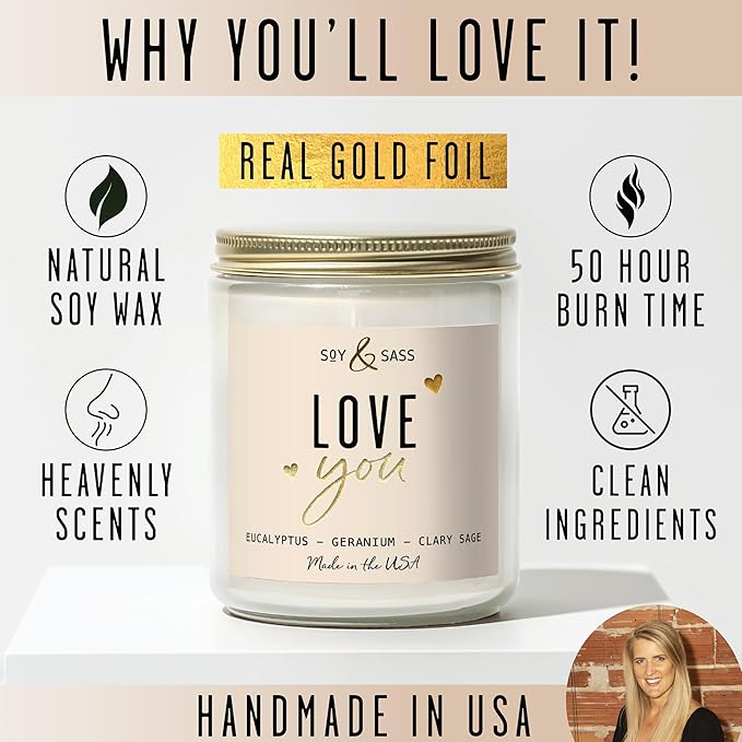 Valentines Day Gifts for Her, Valentine Candles -I Love You Candle, w/Eucalyptus & Geranium I I Love You Gifts for Her I Valentines Day Candle for Wife, Girlfriend I 9oz, 50Hr Burn, USA Made - Bloomnest