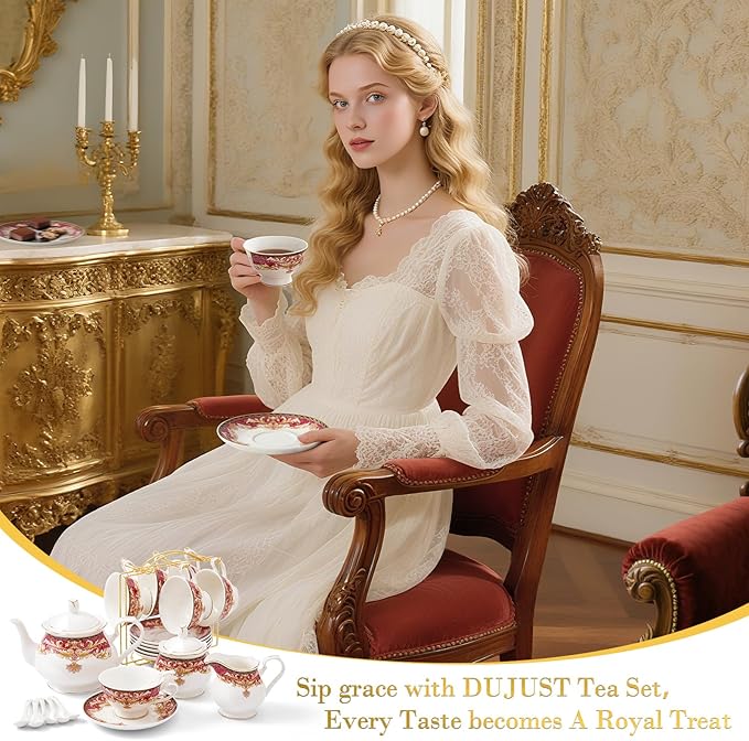 DUJUST 22 pcs Royal Vintage Porcelain Tea Set for 6, Luxury British Tea Sets for Adults with Red Patterns & Golden Trim, Beautiful Floral Tea/Coffee Cup Set, Gift Package - Royal Treat for You - Bloomnest