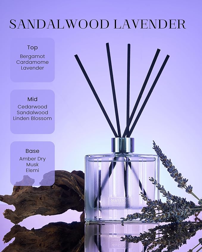 M&SENSE Sandalwood Lavender Reed Diffuser Set - 7.04oz Non-Toxic Essential Oil Diffusers with Sticks, Holiday Aromatherapy Diffusers for Bedroom & Bathroom & Shelf Decor MSENSE