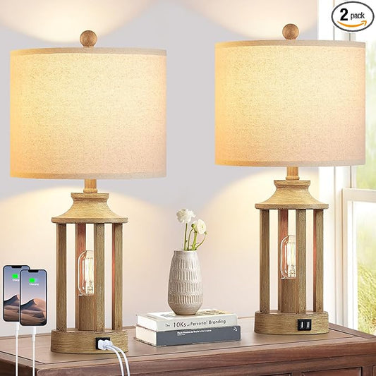 Touch Control Farmhouse Table Lamp Set of 2 with 2 USB Ports, 3 Way Dimmable Bedside Lamps with 2 LED Nightlight，Rustic Nightstand Lamps for Bedroom, Living Room Office (4 LED Bulbs Included) - Bloomnest