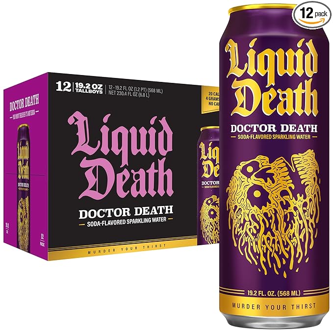 Liquid Death Soda-Flavored Sparkling Water - Doctor Death (Cherry, Cream, Spice), Less Sugar*, Huge Flavor, No Caffeine, No Artificial Sweeteners, King Size 19.2 Fl Oz (Pack of 12) - Bloomnest