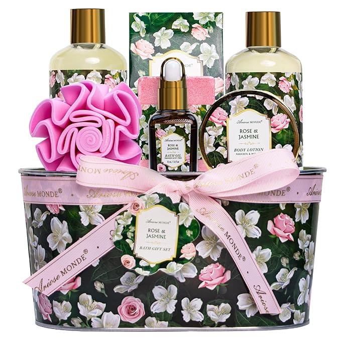 Gift Basket for Women - 8 Pc Rose & Jasmine Beauty & Personal Care Set - Home Bath Pampering Package for Relaxing - Spa Self Care Kit - Thank You, Birthday, Mom, Anniversary, Christmas Gift - Bloomnest