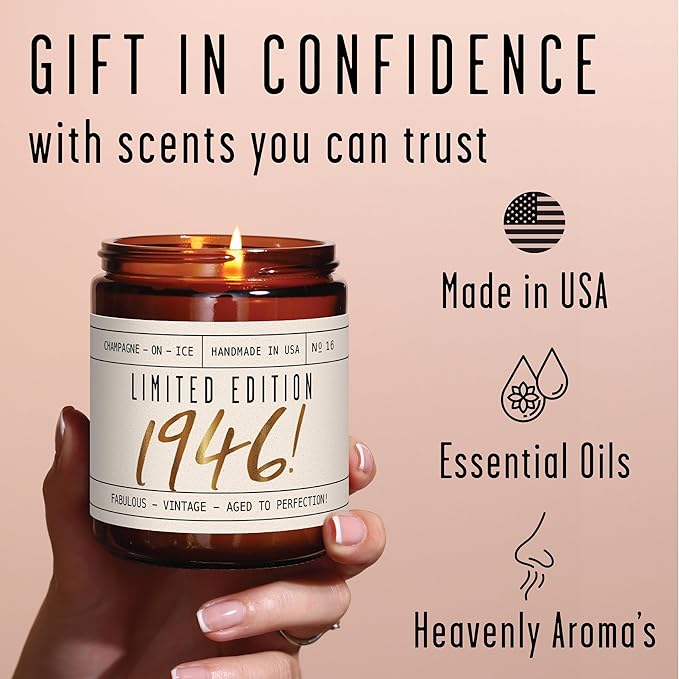 79th Birthday Gifts for Women - 'Limited Edition 1946' Soy Candle, w/Champagne on Ice I 79 Birthday Gifts for Women I 79th Birthday Gift for Her Ideas I 9oz Reusable Jar, 50Hr Burn, Made in USA - Bloomnest