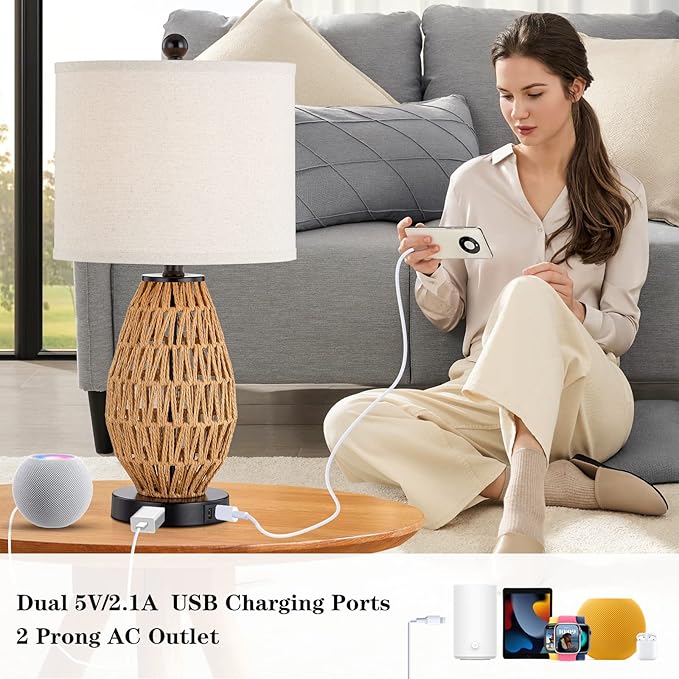 Touch Control Rattan Table Lamps, 3 Way Dimmable Bedside Lamps for Bedroom Set of 2 with 2 USB Ports and AC Outlet, Wicker Nightstand Lamps for Living Room (LED Bulbs Included) - Bloomnest