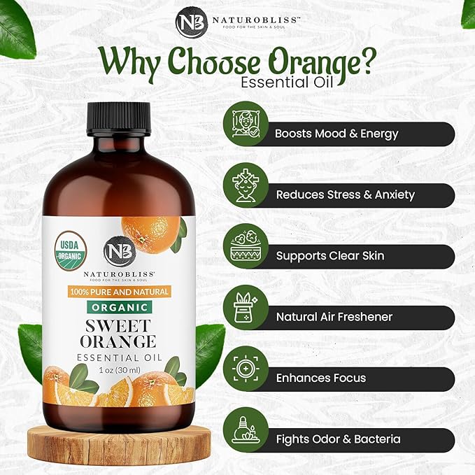NaturoBliss Organic Sweet Orange Essential Oil, 100% Pure Therapeutic Grade, Premium Quality, 1 fl. Oz / 30 ml - Perfect for Aromatherapy and Relaxation - Bloomnest