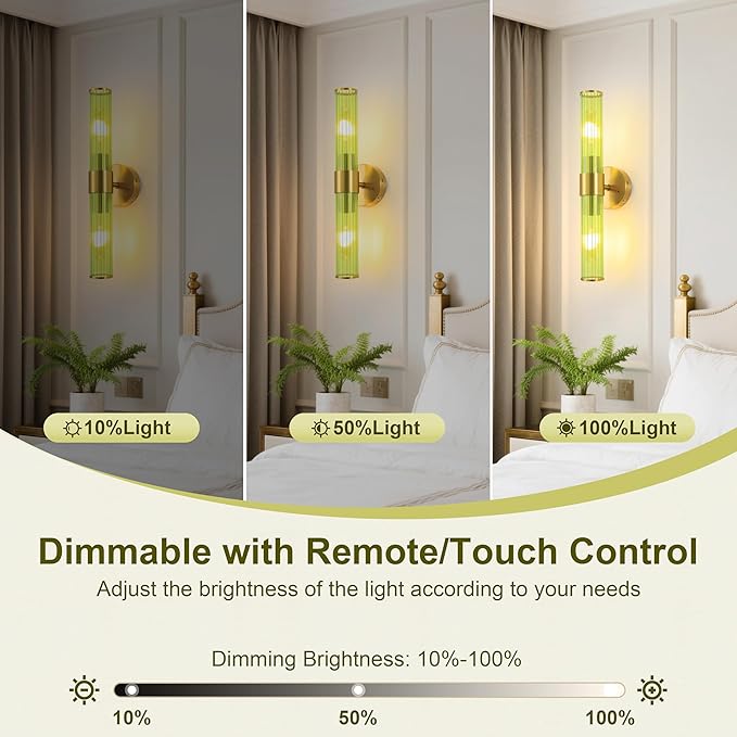 Gold Battery Operated Wall Sconces Set of 2, Rechargeable Wall Lights with Remote Control, 20 Inch Modern Wireless Wall Lamp for Bedroom, Living Room with Green Shade (Bulbs Included) - Bloomnest