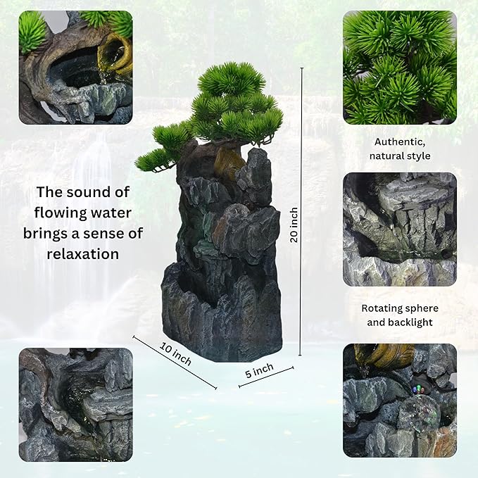 20-Inch Tabletop Water Fountain with Bonsai Tree, Cascading Waterfall, Spinning Crystal Ball, and LED Lighting – Indoor Zen Decorative Fountain with USB Connection for Home or Office - Bloomnest