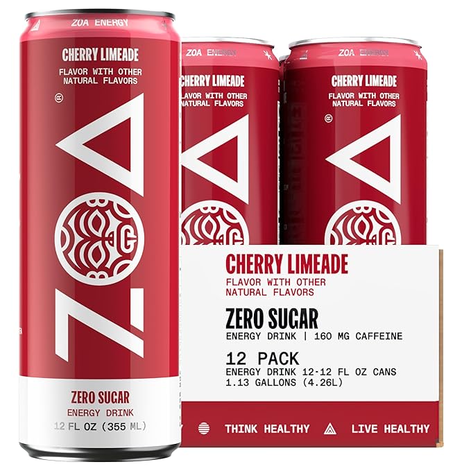 ZOA Zero Sugar Energy Drinks, Cherry Limeade - Sugar Free with Electrolytes, Healthy Vitamin C, Amino Acids, Essential B-Vitamins, and Caffeine from Green Tea - 12 Fl Oz (12-Pack) - Bloomnest