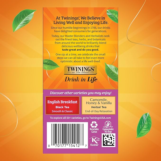 Twinings Darjeeling Black Tea Individually Wrapped Bags, 20 Count (Pack of 1), Delicate Light Taste, Caffeinated, Enjoy Hot or Iced, 20 Teabags - Bloomnest